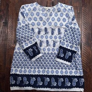 Talbots Blue and White a tunic 3/4 length sleeves Top Casual Stylish